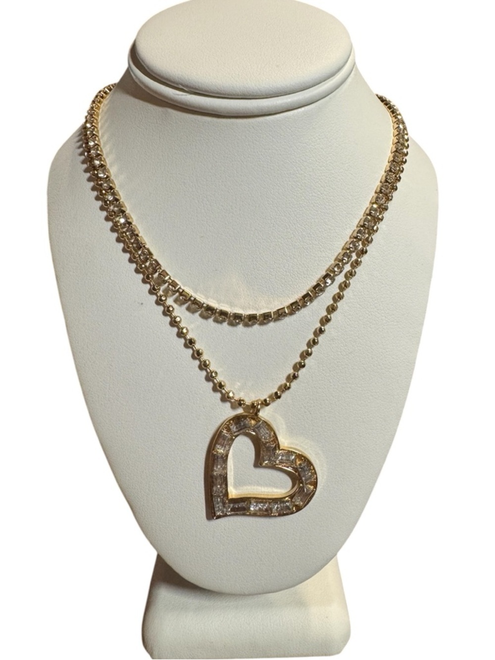 Sugarfix by BaubleBar Gold Tone Layered Heart Rhinestone Necklace Pendant 16"